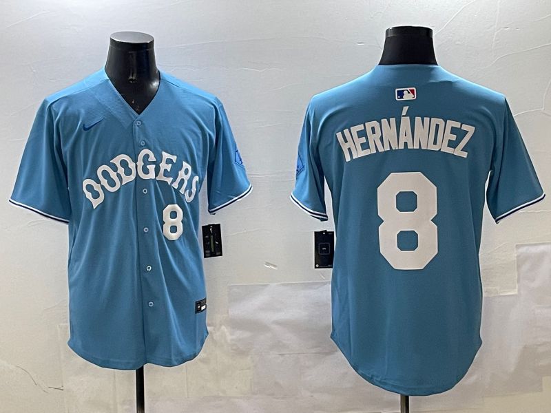 Men Los Angeles Dodgers 8 Hernandez Light Blue Throwback Game 2025 Nike MLB Jersey style 10